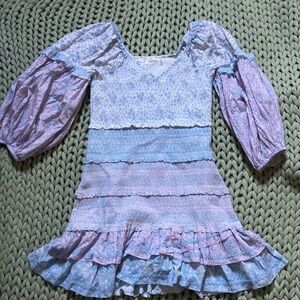 Loveshackfancy Large Multi Ruffle Blue Purple Floral Mini Dress Puff Sleeve